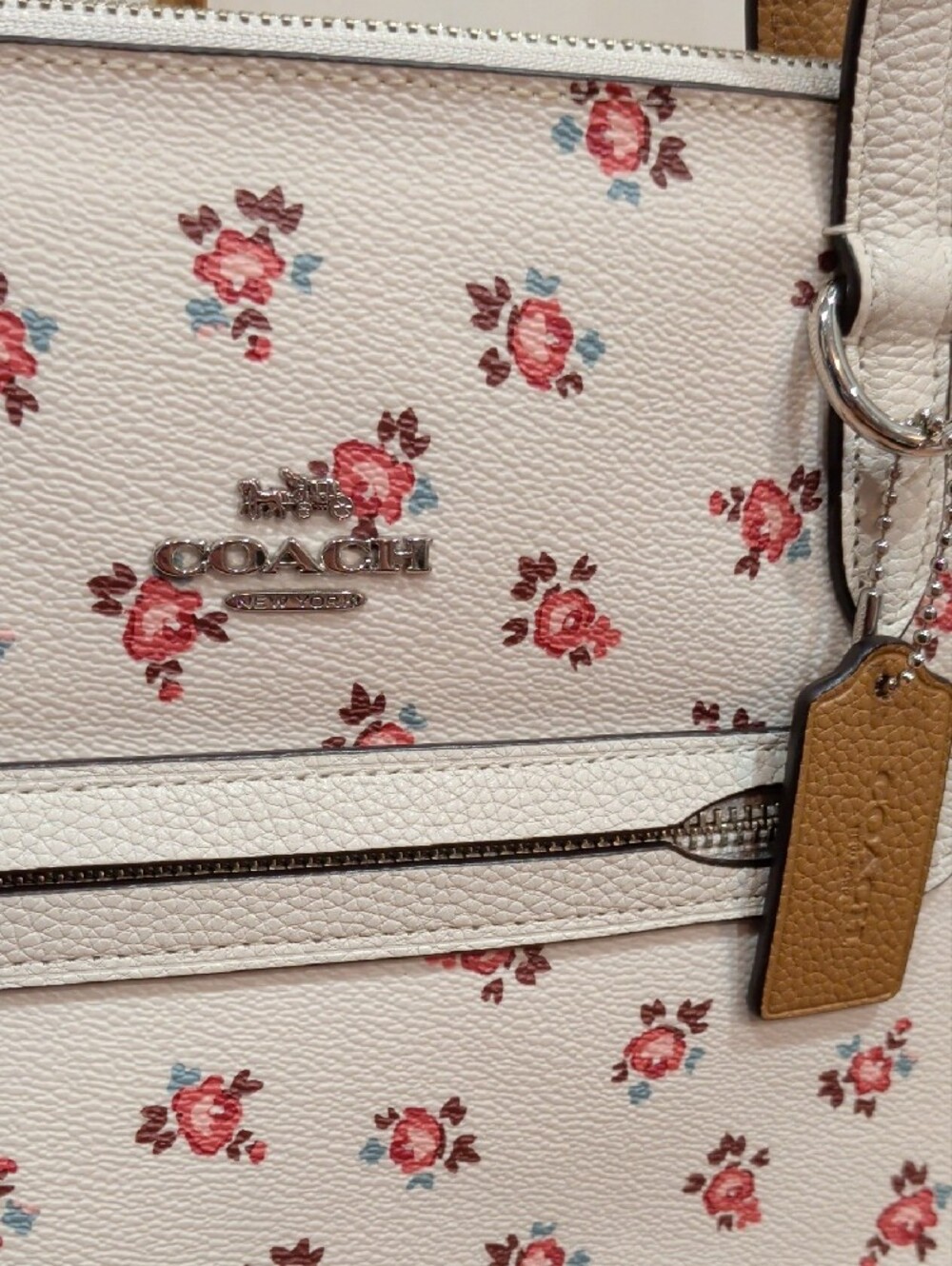 Coach Cream Tote with Pink Floral Print and Tan Leather Tag - Picture 3 of 17